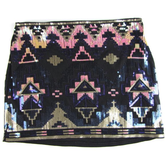 SALE! Aztec Sequin Black Gold Short Mini Skirt - Picture 1 of 3